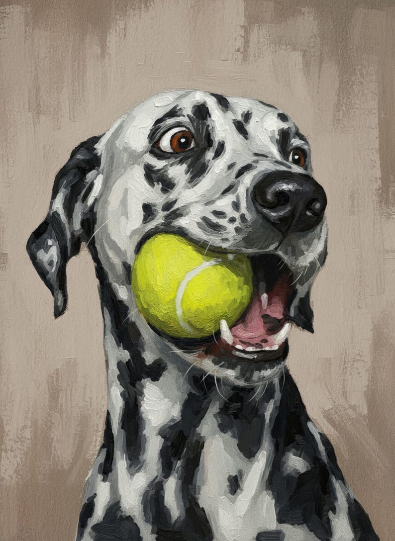 Puede incluir: Retrato pintado de un perro d&aacute;lmata con una pelota de tenis en la boca. El perro tiene manchas negras sobre un pelaje blanco, ojos marrones y una expresi&oacute;n de sorpresa. La pelota de tenis es de color amarillo brillante.