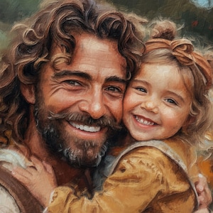May include: An oil painting shows a smiling man with a beard and a young child. The man has brown curly hair and wears a brown waistcoat. The child wears a yellow dress and a bow in their hair. The background features warm autumnal colours.