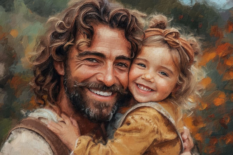 May include: An oil painting shows a smiling man with a beard and a young child. The man has brown curly hair and wears a brown waistcoat. The child wears a yellow dress and a bow in their hair. The background features warm autumnal colours.