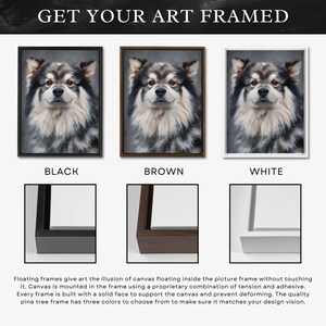 Puede incluir: Tres retratos enmarcados de perros en marcos negros, marrones y blancos. El perro tiene un pelaje esponjoso con pelo negro, blanco y marr&oacute;n. El texto "GET YOUR ART FRAMED" est&aacute; en la parte superior. La parte inferior muestra detalles del marco.