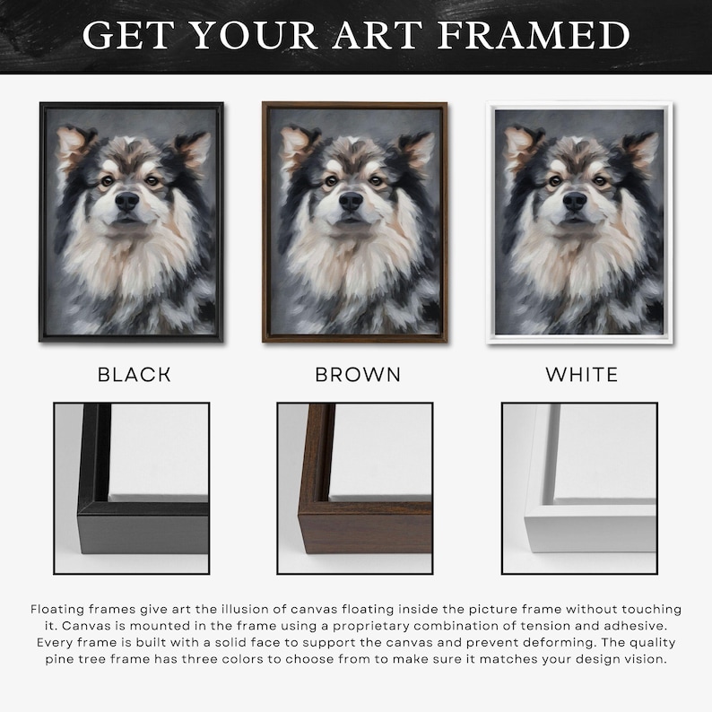 Puede incluir: Tres retratos enmarcados de perros en marcos negros, marrones y blancos. El perro tiene un pelaje esponjoso con pelo negro, blanco y marr&oacute;n. El texto "GET YOUR ART FRAMED" est&aacute; en la parte superior. La parte inferior muestra detalles del marco.