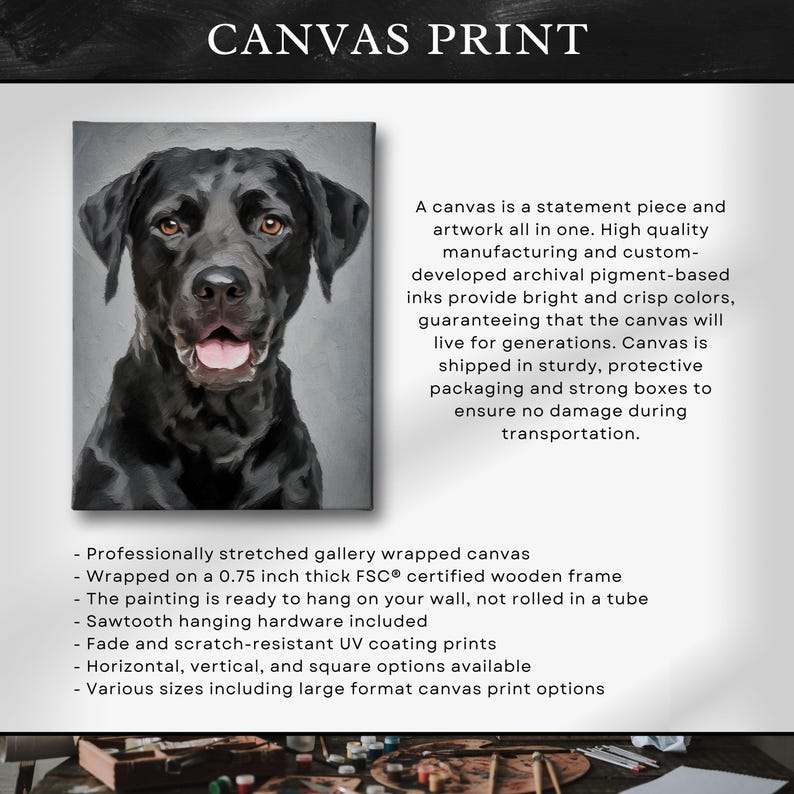 Puede incluir: Impresi&oacute;n en lienzo con un retrato de un perro Labrador Retriever negro. La obra de arte muestra la cara del perro con ojos marrones y una lengua rosada. El lienzo est&aacute; estirado y envuelto profesionalmente en un marco de madera de 1,9 cm, listo para colgar.