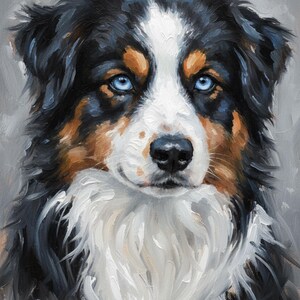 Puede incluir: Pintura al &oacute;leo detallada de un perro pastor australiano. El perro tiene ojos azules brillantes, una cara blanca y pelaje negro, marr&oacute;n y blanco. El fondo es gris suave.