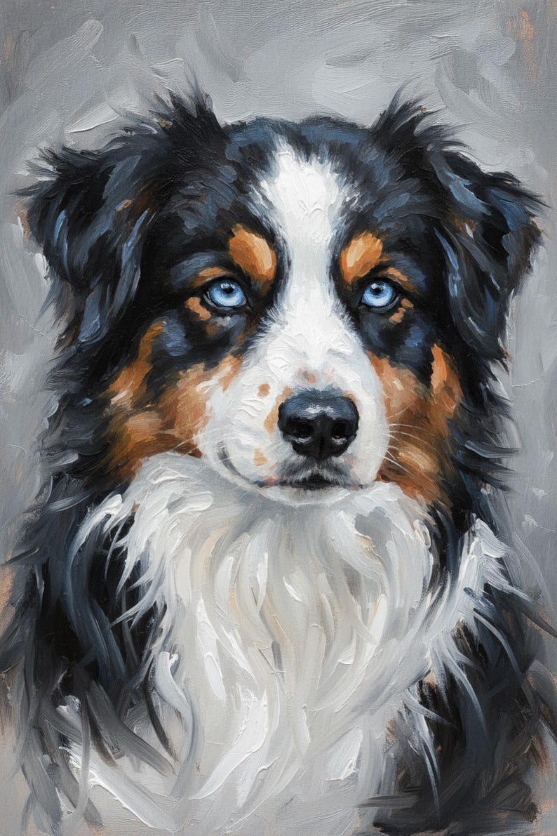 Puede incluir: Pintura al &oacute;leo detallada de un perro pastor australiano. El perro tiene ojos azules brillantes, una cara blanca y pelaje negro, marr&oacute;n y blanco. El fondo es gris suave.