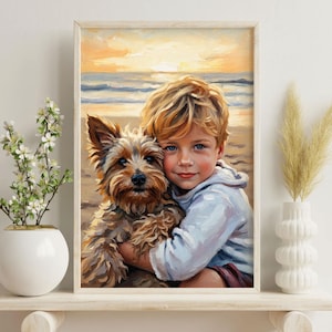 May include: A framed painting shows a child with blonde hair hugging a small, brown and tan dog on a beach at sunset. The artwork has a soft, painterly style, with warm colours dominating the scene. The child is wearing a light blue hoodie.