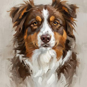 Puede incluir: Pintura detallada de un perro pastor australiano. El perro tiene pelaje marr&oacute;n, blanco y canela, con una mancha blanca en la cara. Los ojos del perro son de color &aacute;mbar y el fondo es beige neutro.