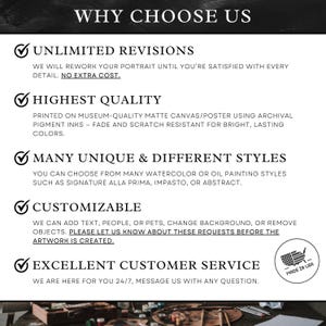 May include: A monochrome graphic with the heading "WHY CHOOSE US". The text details unlimited revisions, high quality, unique styles, customisation, and excellent customer service. A small "MADE IN USA" graphic is in the bottom right corner.