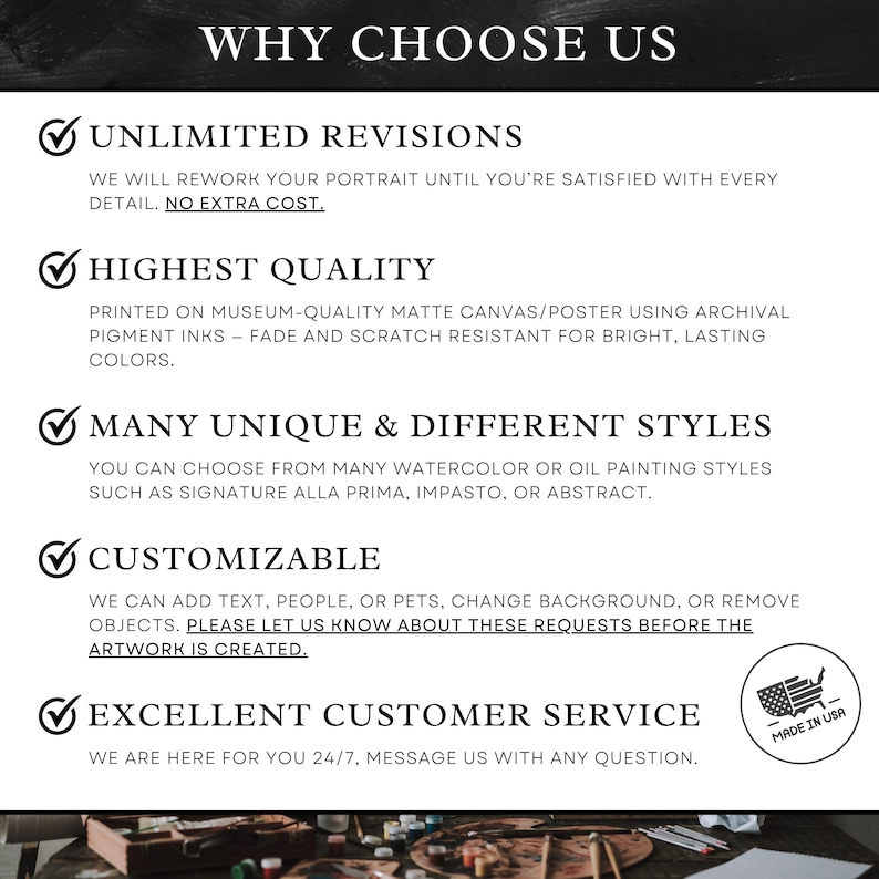 May include: A monochrome graphic with the heading "WHY CHOOSE US". The text details unlimited revisions, high quality, unique styles, customisation, and excellent customer service. A small "MADE IN USA" graphic is in the bottom right corner.