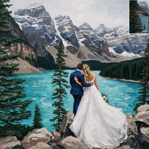 May include: Oil painting depicting a couple embracing, with a turquoise lake and snow-covered mountains in the background. The bride is in a white wedding dress, and the groom wears a blue suit. The scene is framed by green trees and rocky ground.