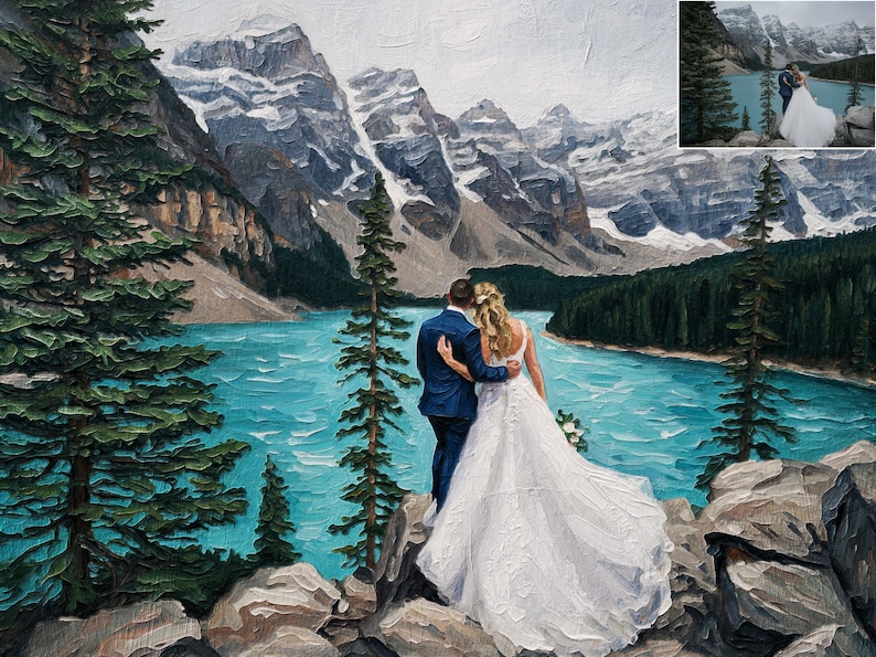 May include: Oil painting depicting a couple embracing, with a turquoise lake and snow-covered mountains in the background. The bride is in a white wedding dress, and the groom wears a blue suit. The scene is framed by green trees and rocky ground.
