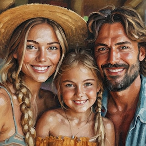 May include: A painting of a family, including a woman in a straw hat, a young girl, and a man. The woman and girl have blonde braids. The man wears a blue shirt. All three are smiling.