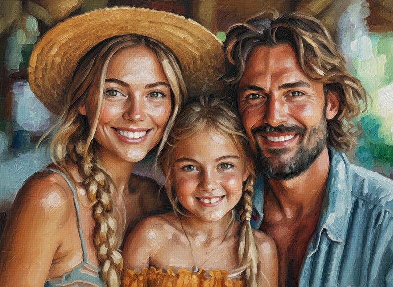 May include: A painting of a family, including a woman in a straw hat, a young girl, and a man. The woman and girl have blonde braids. The man wears a blue shirt. All three are smiling.