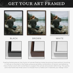 May include: Three framed art prints in black, brown, and white frames. Each frame displays a landscape scene with a couple. The text "GET YOUR ART FRAMED" is at the top. The frames are designed to give the illusion of floating art.