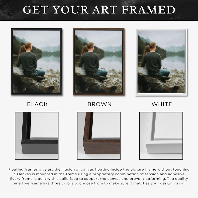 May include: Three framed art prints in black, brown, and white frames. Each frame displays a landscape scene with a couple. The text "GET YOUR ART FRAMED" is at the top. The frames are designed to give the illusion of floating art.