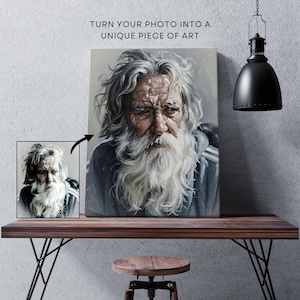 May include: A canvas print depicting an elderly man with a long white beard and grey hair. The artwork is a portrait with detailed facial features, displayed on a wooden table. The text "TURN YOUR PHOTO INTO A UNIQUE PIECE OF ART" is at the top.
