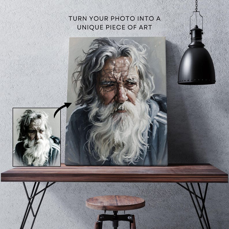 May include: A canvas print depicting an elderly man with a long white beard and grey hair. The artwork is a portrait with detailed facial features, displayed on a wooden table. The text "TURN YOUR PHOTO INTO A UNIQUE PIECE OF ART" is at the top.