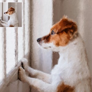 May include: A digital painting of a dog with white and brown fur, gazing out of a window. The dog is standing on its hind legs, with its front paws on the window frame. The artwork has a soft, painterly style.