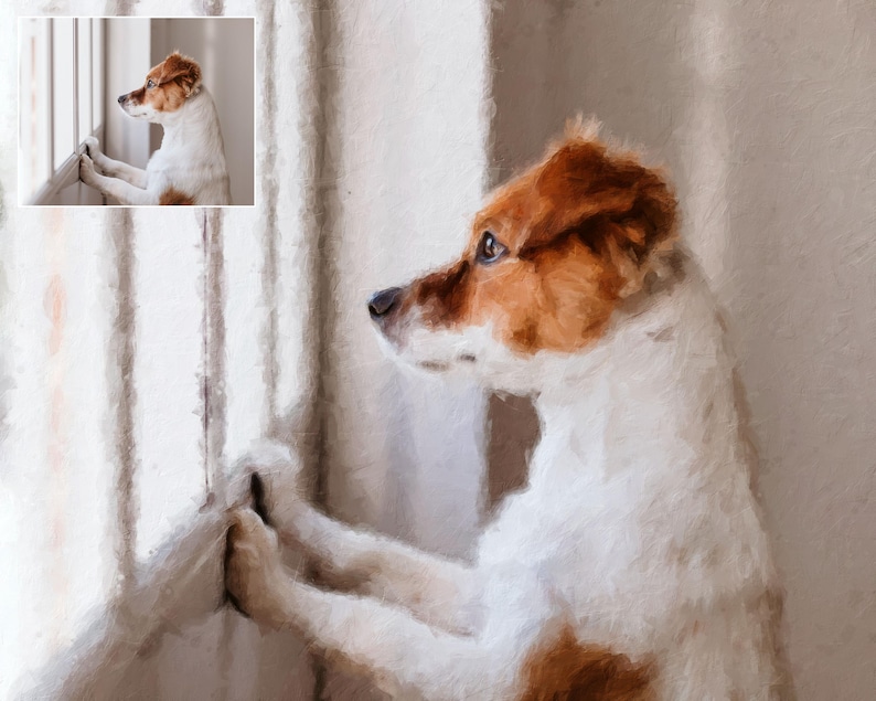 May include: A digital painting of a dog with white and brown fur, gazing out of a window. The dog is standing on its hind legs, with its front paws on the window frame. The artwork has a soft, painterly style.