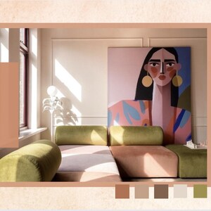 Puede incluir: Imagen de diseño de interiores moderno con un sofá seccional con cojines verde oliva y rosa. Una gran pintura abstracta cuelga encima. El texto "STUDIO 34" se muestra con el subtítulo "Curated Interior Color Palettes. A Visual Guide."