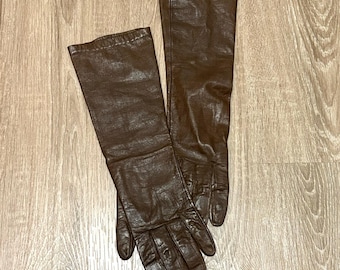 Vintage bruin lederen operahandschoenen maat 6,5 lange ellebooglengte handschoenen jaren 1970 leren dameshandschoenen WPL 8931