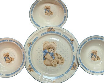 Vintage Tienshan Country Bear Teddy Stoneware 4 Pc Set Grannycore Blue Bow
