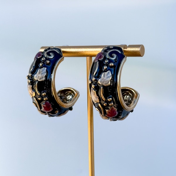 Black Vintage Inspired Handprinted Enamel Crescent Hoop Earrings Antique Gold Plated Statement Earrings