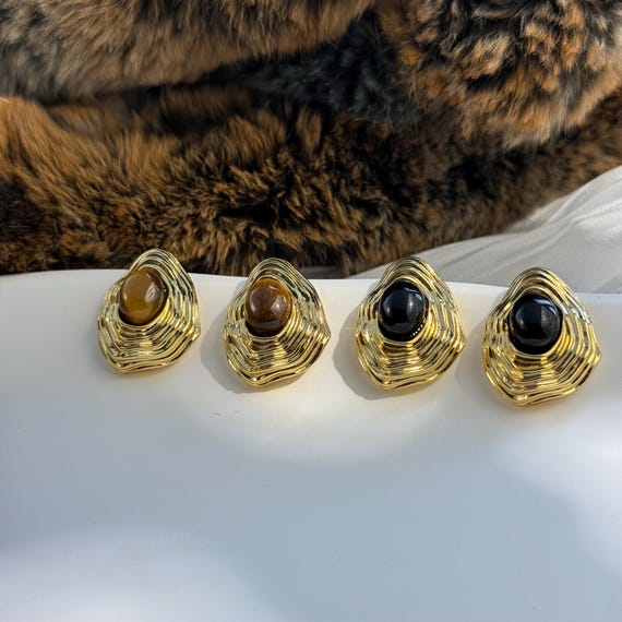 18K Gold Plated Tiger Eye Stone Or Black Obsidian Stone, Organic Ripple Stud Earrings