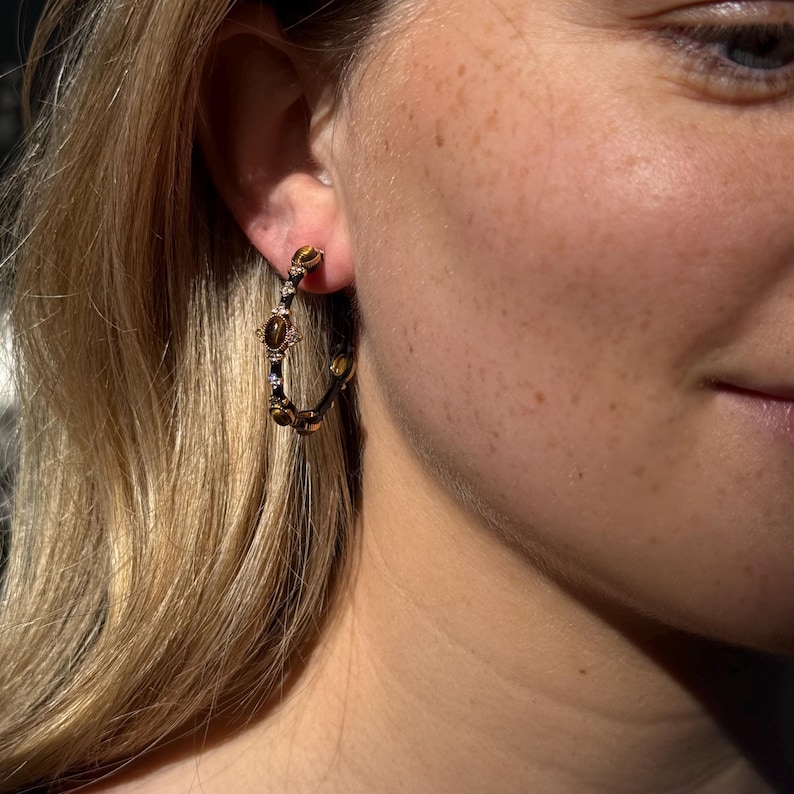 Tiger Eye Hoop Earrings Crystal Gold-Tone Alloy Black Enamel Sterling Silver Post image 5