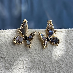 18K Gold Plated Butterfly Stud Earrings: Pearl or Abalone Shell
