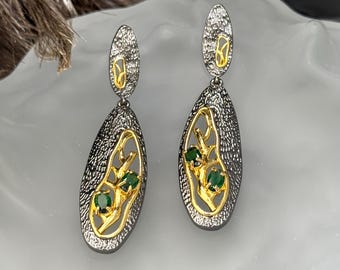 Vintage Black Nickel Drop Earrings with Branch Design, Long 18K Gold Plated Dangle Earrings