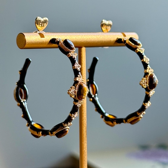 Tiger Eye Hoop Earrings Crystal Gold-Tone Alloy Black Enamel Sterling Silver Post