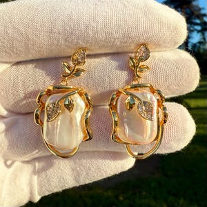 18K Gold Plated Rectangle Freshwater Pearl Baroque Dangle Drop Earrings