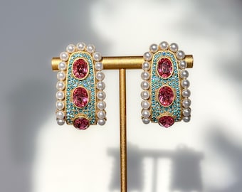 Palace Vintage Style Pink and Teal Rhinestone Pearl Statement Omega Back Stud Earrings