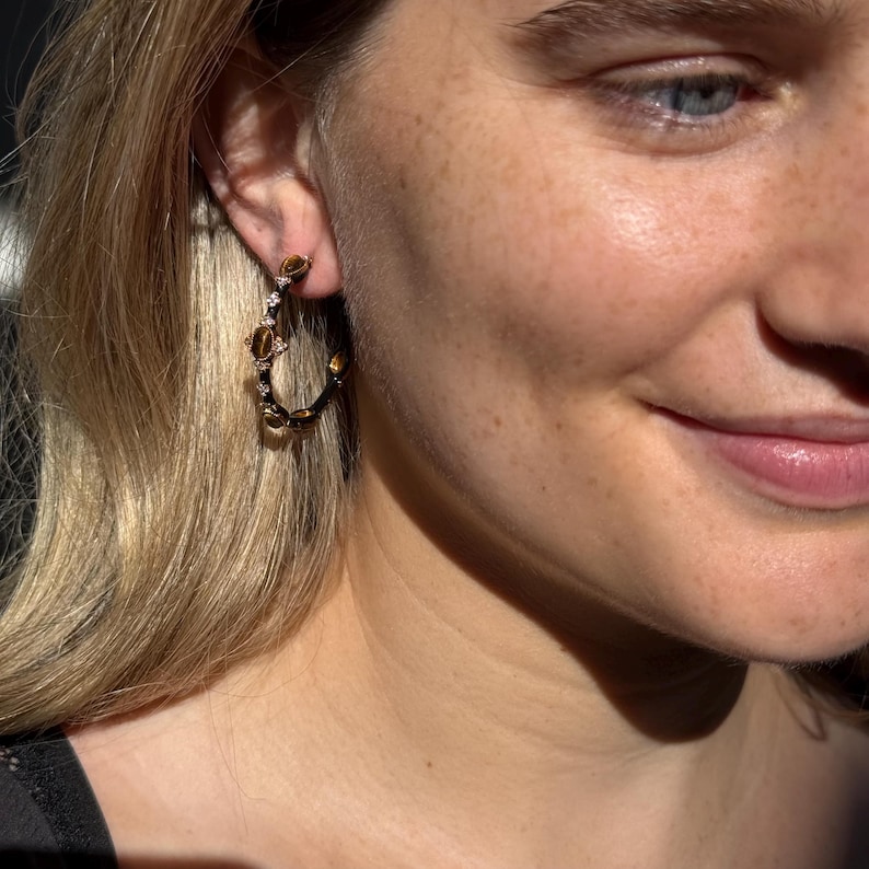 Tiger Eye Hoop Earrings Crystal Gold-Tone Alloy Black Enamel Sterling Silver Post image 8