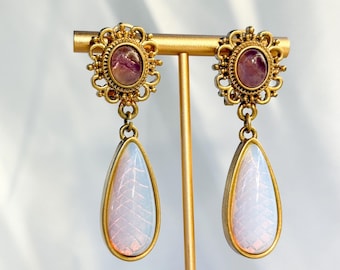 Opalescent Teardrop Earrings, Purple Stone Vintage Gold Filigree Earrings, French Clip Omega Back