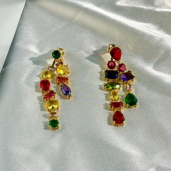 18K Gold Plated CZ Drop Earrings: Rainbow Crystal Dangle Party Jewelry