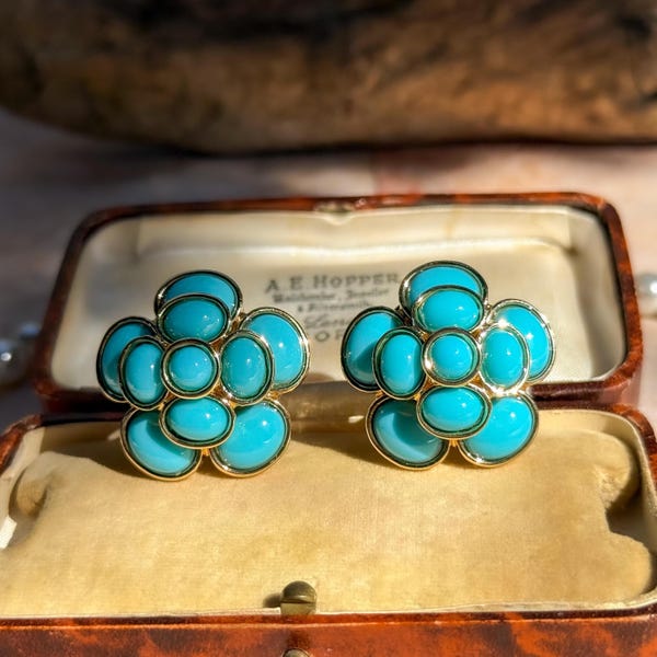 Turquoise Blue Camellia Flower Earrings, Gold Plated Omega Back Sterling Silver Posts