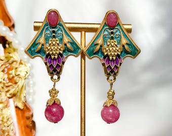 Peacock Fan Enamel Statement Earrings, Pink Natural Stone Drop, Omega French Clip Earrings, Ornate Vintage Jewelry