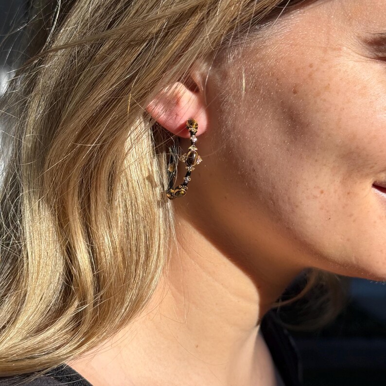 Tiger Eye Hoop Earrings Crystal Gold-Tone Alloy Black Enamel Sterling Silver Post image 2