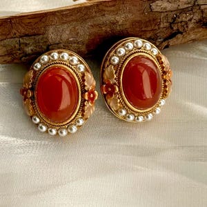 Red Carnelian/Agate Pearl Stud Earrings Antique Gold Medieval Byzantine Statement Jewelry Elegant Classic Vintage