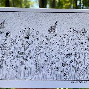 BLOEMEN Notitiekaarten - wild veld met bloemen * zwart-wit - pen en inkt - originele kunst van Dawn Kowal - Kaart voor alle gelegenheden - blanco binnenkant