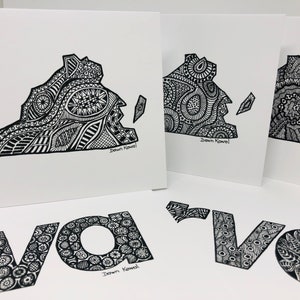 バージニア州の地図とRVAの空白のノートカード * それぞれ異なります * ドーン・コワルによるオリジナルアート * 白黒 * 5枚のカードセット * 文房具