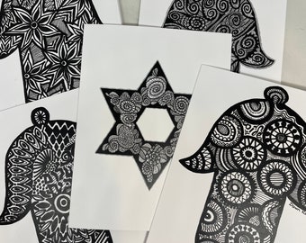 Notecards - 4 different Chamsa Cards and a Star of David Card * black and white blank inside original art by Dawn Kowal