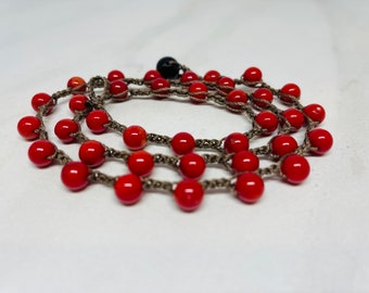 Crocheted Beaded NECKLACE * Bamboo coral * medium to dark red tone * Pretty feminine * Can triple wrap as a bracelet easy to wear and enjoy