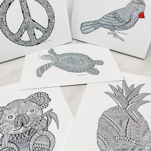 Einzigartiger Mix 5er Pack Original Grußkarten * Peace Zeichen * Kardinal * Ananas * Schildkröte * Koala *