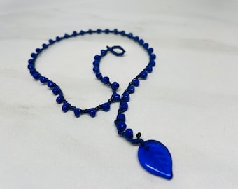 Striking Navy Blue Necklace * Unisex * Youth Jewelry * Choker Style * Czech Glass leaf closure doubles as Pendant