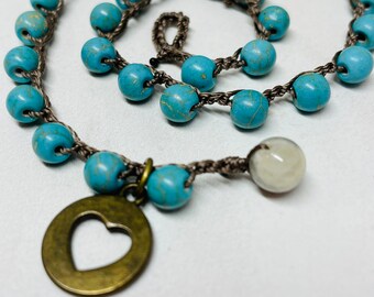 Bracelet Wraps twice with Heart Metal Cut out Charm*Beads Turquoise in color 6mm round* Layer and Stack *Doubles as a tight choker for some