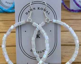 White Beaded Hoop Earrings * Stylish Fashion Forward Summertime Unique Jewelry For Her * Vacation Mode with Summer Dress Perfection