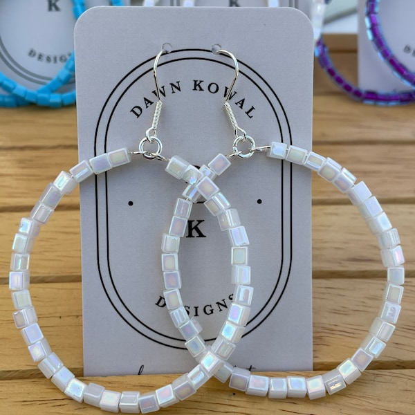 White Beaded Hoop Earrings * Stylish Fashion Forward Summertime Unique Jewelry For Her * Vacation Mode with Summer Dress Perfection