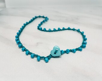 Sweetest Necklace for a little girl * Striking Teal thread with sky blue Beads * Heart Button Closure * Best girl gift